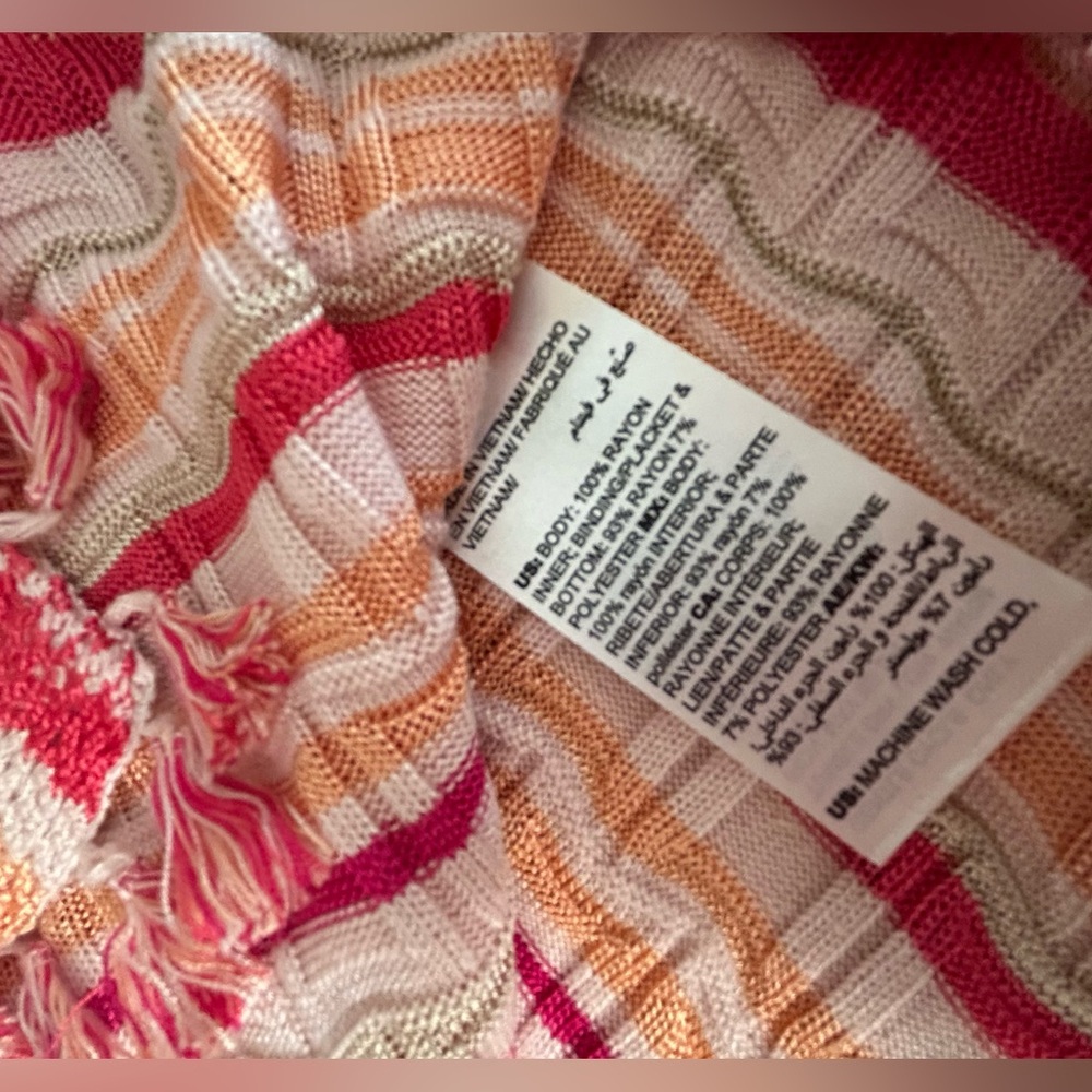 Chico’s Striped Pink White Fringed Open Front Cardigan Sweater Boho Size M - Picture 8 of 12